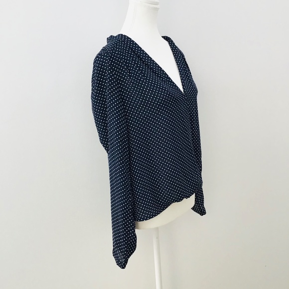 SPORTSGIRL size 10 long sleeved blouse, gathered V neck, dark blue w/white dots - Picture 3 of 8